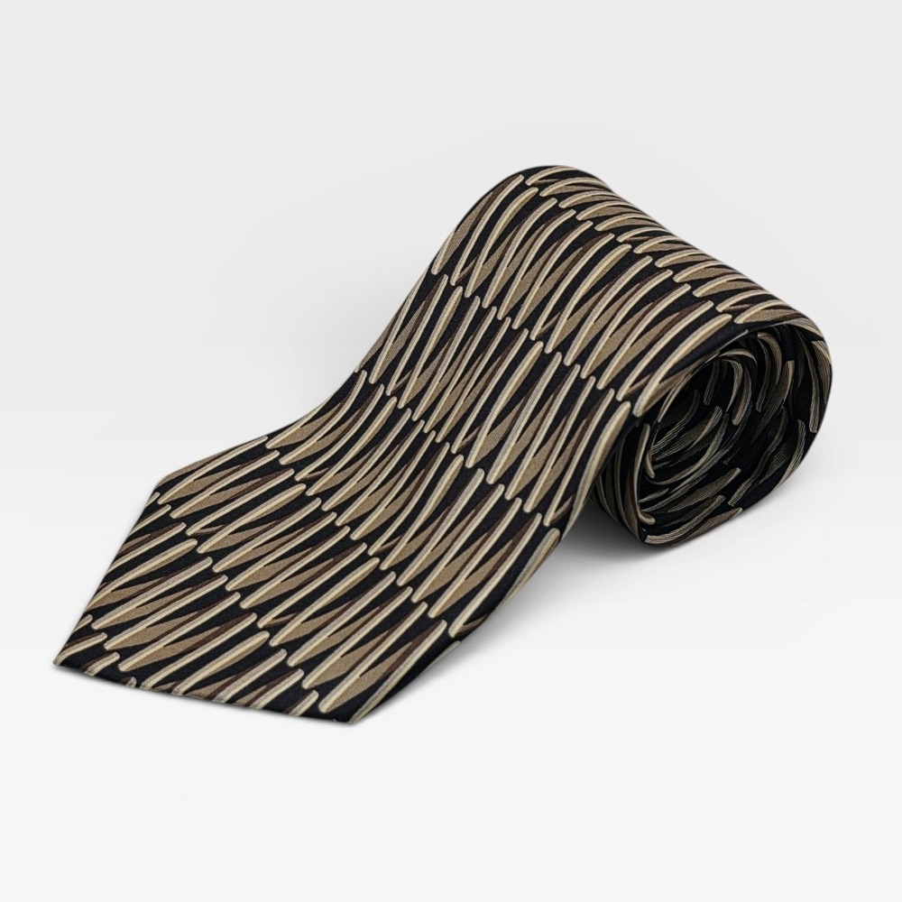 Gucci Mens Silk Tie Geometric Zig Zag Tan Brown Black Made in Italy Luxury